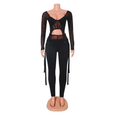 Fashion Sexy Mesh Splice Long Sleeve Two Piece Pants Set GOSD-OS6381