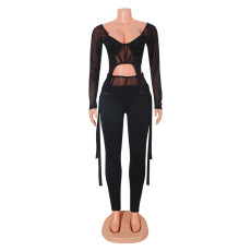 Fashion Sexy Mesh Splice Long Sleeve Two Piece Pants Set GOSD-OS6381
