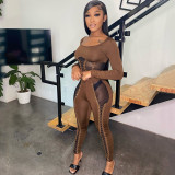 Fashion Sexy Splice Tie Long Sleeve Pants Two Piece Set GOSD-OS6373