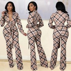 Long Sleeve Plaid Print Jumpsuit GOSD-OS6405