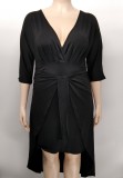 Plus Size V Neck 3/4 Sleeve Irregular Midi Dress XMY-9382