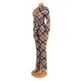 Long Sleeve Plaid Print Jumpsuit GOSD-OS6405