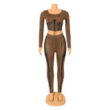 Fashion Sexy Splice Tie Long Sleeve Pants Two Piece Set GOSD-OS6373