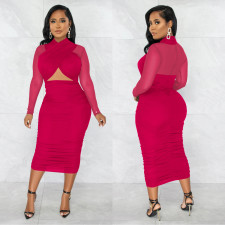 Sexy Mesh Patchwork Long Sleeve Midi Dress BY-5963