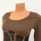 Fashion Sexy Splice Tie Long Sleeve Pants Two Piece Set GOSD-OS6373