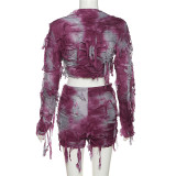 Sexy Print Contrast Color Long Sleeve Shorts Suit XEF-K22S20447