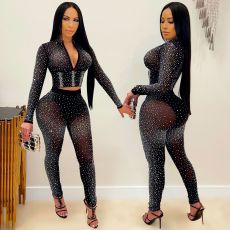 Fashion Sexy Mesh Long Sleeve Hot Diamond Two Piece Pants Suit GOSD-OS6679