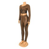 Fashion Sexy Splice Tie Long Sleeve Pants Two Piece Set GOSD-OS6373