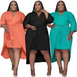 Plus Size V Neck 3/4 Sleeve Irregular Midi Dress XMY-9382