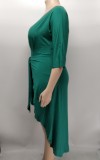 Plus Size V Neck 3/4 Sleeve Irregular Midi Dress XMY-9382