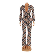 Long Sleeve Plaid Print Jumpsuit GOSD-OS6405