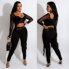 Fashion Sexy Mesh Splice Long Sleeve Two Piece Pants Set GOSD-OS6381