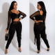 Fashion Sexy Mesh Splice Long Sleeve Two Piece Pants Set GOSD-OS6381