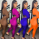 Fashion Sexy Splice Tie Long Sleeve Pants Two Piece Set GOSD-OS6373