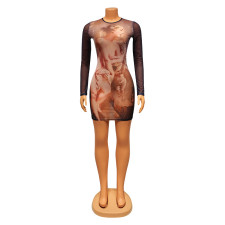 Sexy Mesh Print Long Sleeve Mini Dress GOSD-OS6575