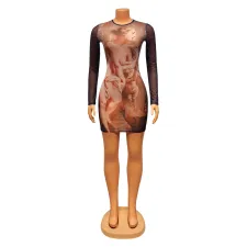 Sexy Mesh Print Long Sleeve Mini Dress GOSD-OS6575