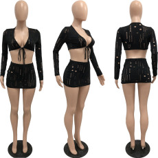 Sexy Hollow Out Long Sleeve Mini Skirt 2 Piece Sets YNSF-1855