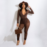 Sexy V-Neck Long Sleeve Bodysuits Mesh Pants 2 Piece Set GOSD-OS6352
