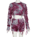 Sexy Print Contrast Color Long Sleeve Shorts Suit XEF-K22S20447