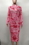 Tie Dye Print Longt Sleeve Slim Midi Dress XMY-9385