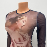 Sexy Mesh Print Long Sleeve Mini Dress GOSD-OS6575