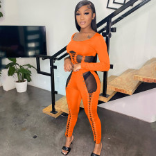 Fashion Sexy Splice Tie Long Sleeve Pants Two Piece Set GOSD-OS6373