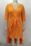 Plus Size V Neck 3/4 Sleeve Irregular Midi Dress XMY-9382