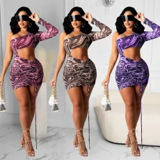 Sexy Mesh Print Single Sleeve Hollow Mini Dress GOSD-OS6097