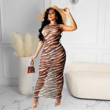 Fashion Sexy Print Mesh See-Through Sleeveless Maxi Dress GOSD-OS6169