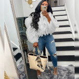Plus Size Sexy Petal Long Sleeve Crop Top MUE-7502