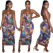 Sexy Print Sling Backless Dress GOSD-OS6166