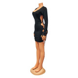 Sexy Hollow Solid Long Sleeve Mini Dress GOSD-OS6515