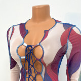 Printed Mesh Hollow Bandage Long Sleeve Jumpsuit GOSD-OS6319