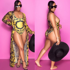 Sexy Print One Piece Swimsuit Shawl 2 Piece Set GOSD-OS6744