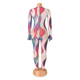 Printed Mesh Hollow Bandage Long Sleeve Jumpsuit GOSD-OS6319
