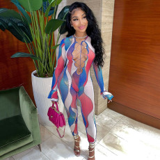 Printed Mesh Hollow Bandage Long Sleeve Jumpsuit GOSD-OS6319