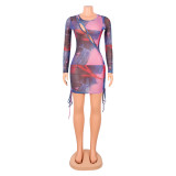 Sexy Print Mesh Hollow Long Sleeve Dress GOSD-OS6104