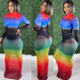 Fashion Sexy Color Print Hot Diamond Long Dress GOSD-OS6761