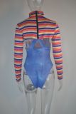 Plus Size Sexy Striped Long Sleeve Crop Top+Bodysuit 2 Piece Sets MUE-7170