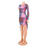 Sexy Print Mesh Hollow Long Sleeve Dress GOSD-OS6104