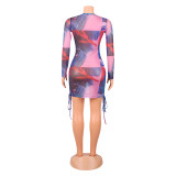 Sexy Print Mesh Hollow Long Sleeve Dress GOSD-OS6104