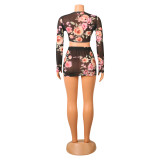Sexy Mesh Print Long Sleeve Smocked Mini Skirt 2 Piece Set GOSD-OS6116