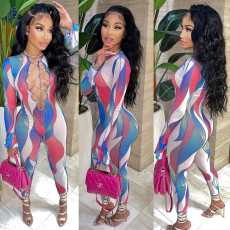 Printed Mesh Hollow Bandage Long Sleeve Jumpsuit GOSD-OS6319