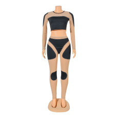 Fashion Mesh Splice Long Sleeve Two Piece Pants Set GOSD-OS6399