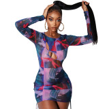 Sexy Print Mesh Hollow Long Sleeve Dress GOSD-OS6104