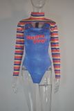 Plus Size Sexy Striped Long Sleeve Crop Top+Bodysuit 2 Piece Sets MUE-7170