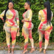 Plus Size Tie Dye Print Drawstring Long Sleeve 2 Piece Sets ME-6028