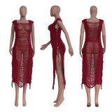 Sexy Hollow Out Tassel Lace-Up Long Beach Dress TR-1216