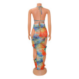 Sexy Mesh Print Lace Up Top Hollow Skirt Two Piece Set GOSD-OS6710