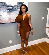 Sexy V Neck One Shoulder Split Bodycon Dress YIM-275